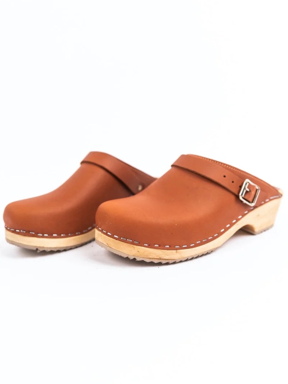 MIA Alma Buckle Clogs Tan Leather Wooden Shoe Made in Sweden Size EU 40 US 10